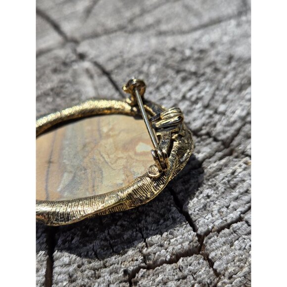 Large Picture Jasper Brooch Pendant Gold Tone Polished Oval Cabochon Brutalist - Picture 8 of 10